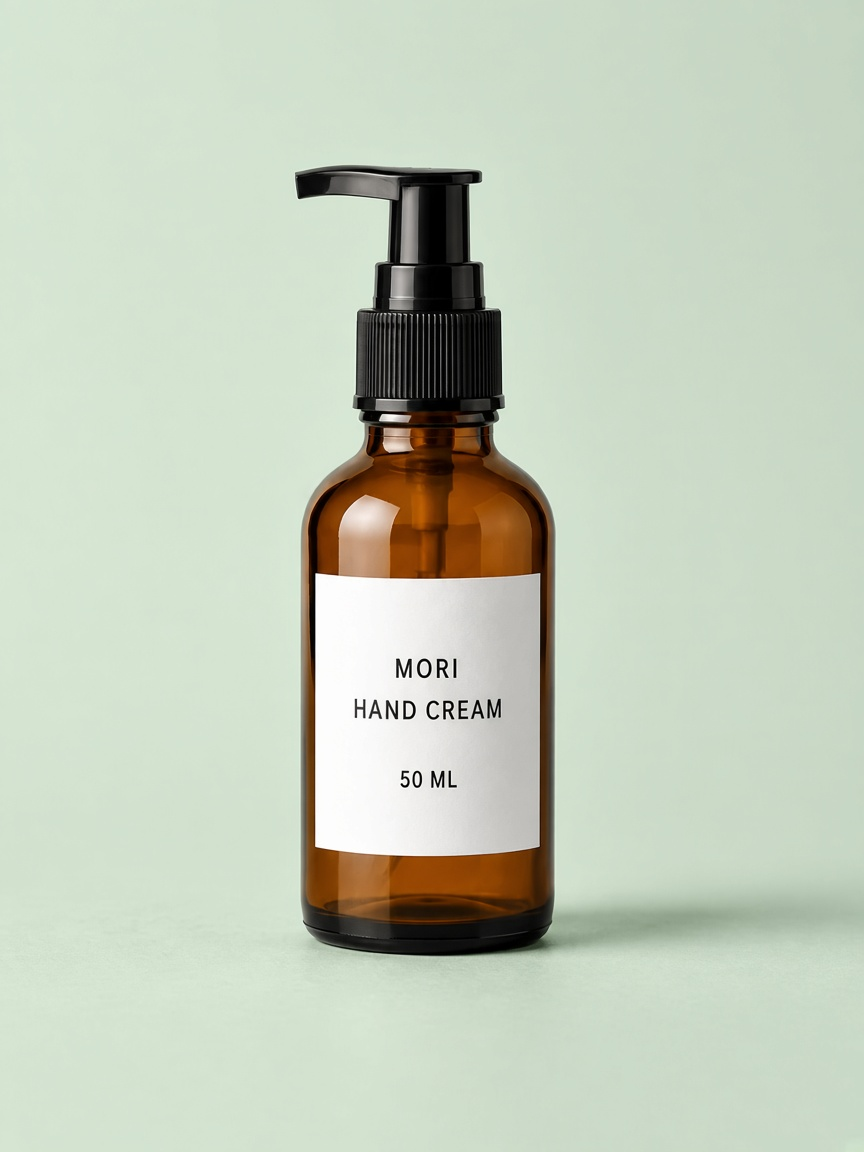 Grok Imagine Image 2.0 requested condition, first output: a pale green backdrop and surface with the amber MORI bottle and black pump retained.
