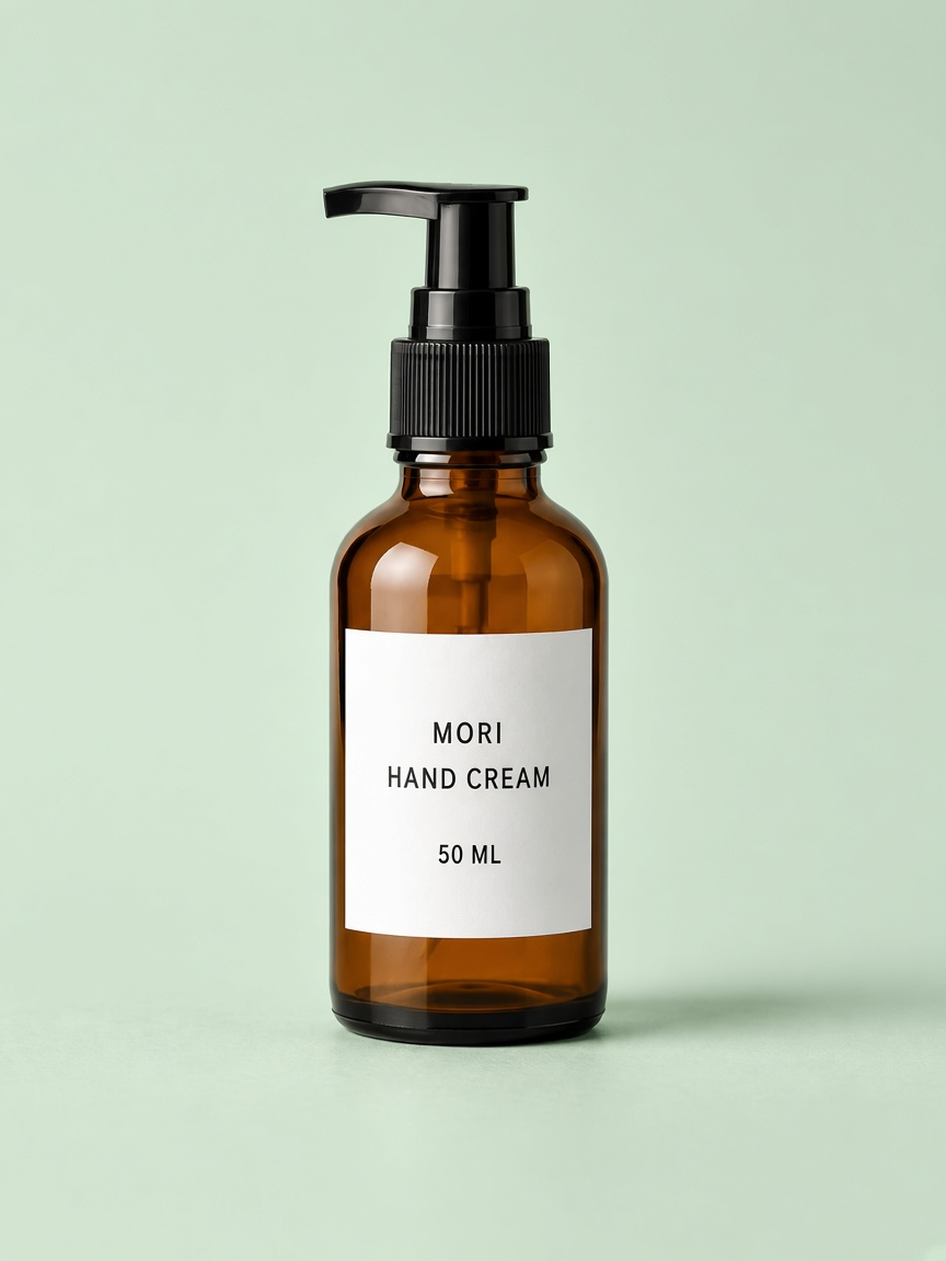 Grok Imagine Image 2.0 requested condition, second output: the MORI bottle stays centered and anchored to the mint surface by a soft shadow.