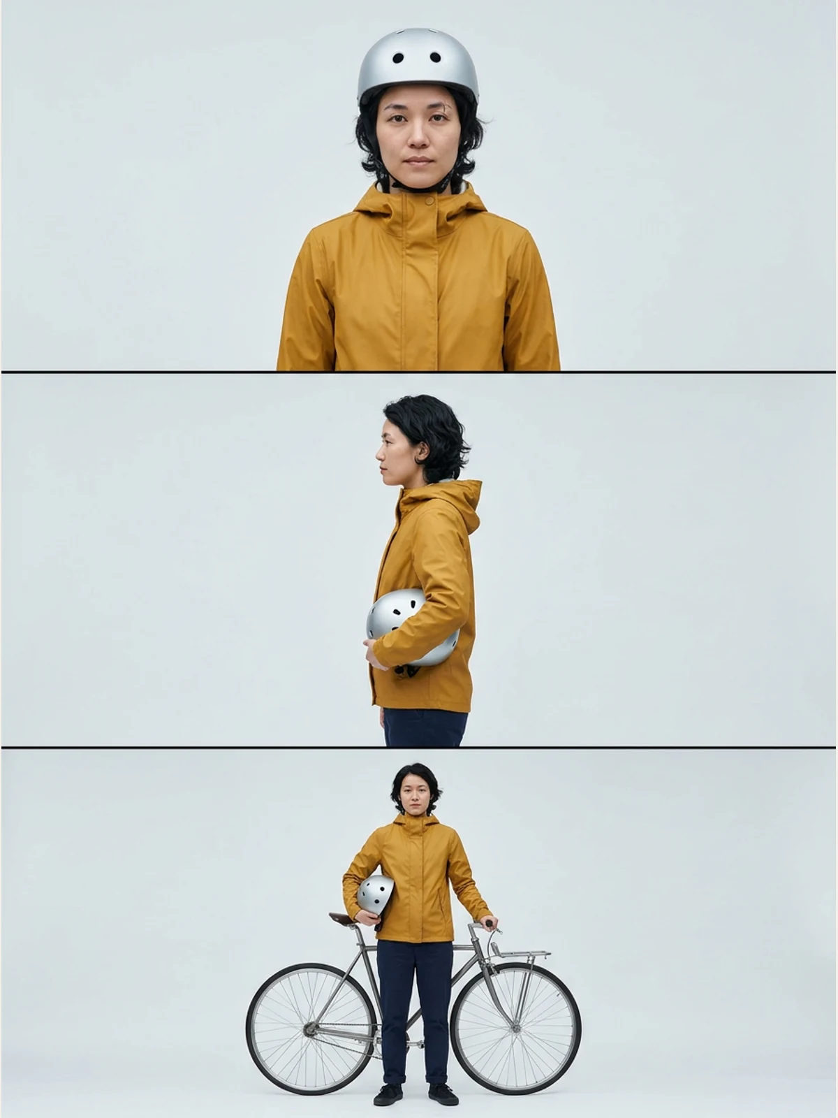Nano Banana Pro three-horizontal-panel bicycle courier consistency sheet