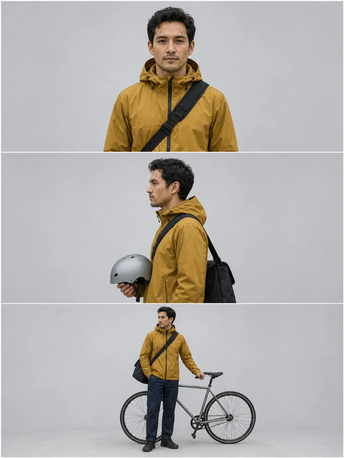 GPT Image 2 three-horizontal-panel bicycle courier consistency sheet