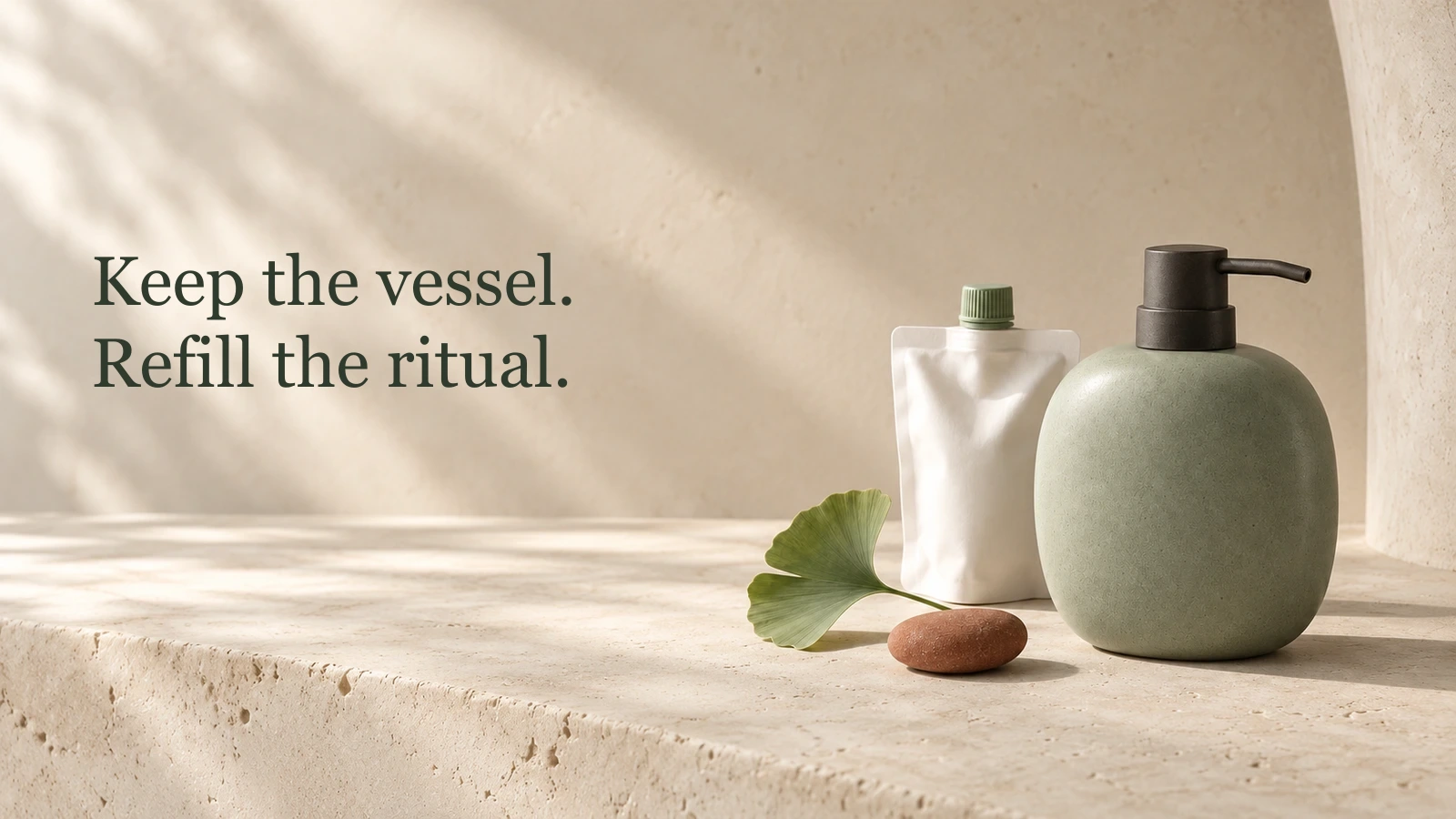 The wide campaign scene with the words Keep the vessel. Refill the ritual. placed in the empty area to the left of the product.