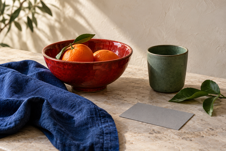 The still life after an actual conversion from sRGB to Display P3, preserving the intended balance of bowl, linen, and foliage.