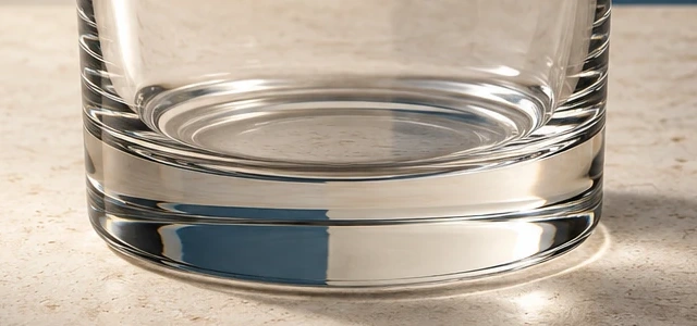 An exact crop of the same empty tumbler's thick base, with several reflective and refractive bands.