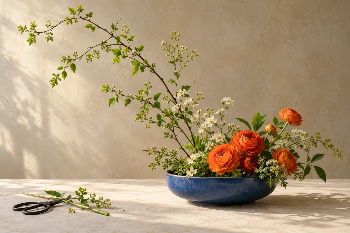 Orange flowers cluster low in a blue bowl, while a leafy branch reaches high to the left.