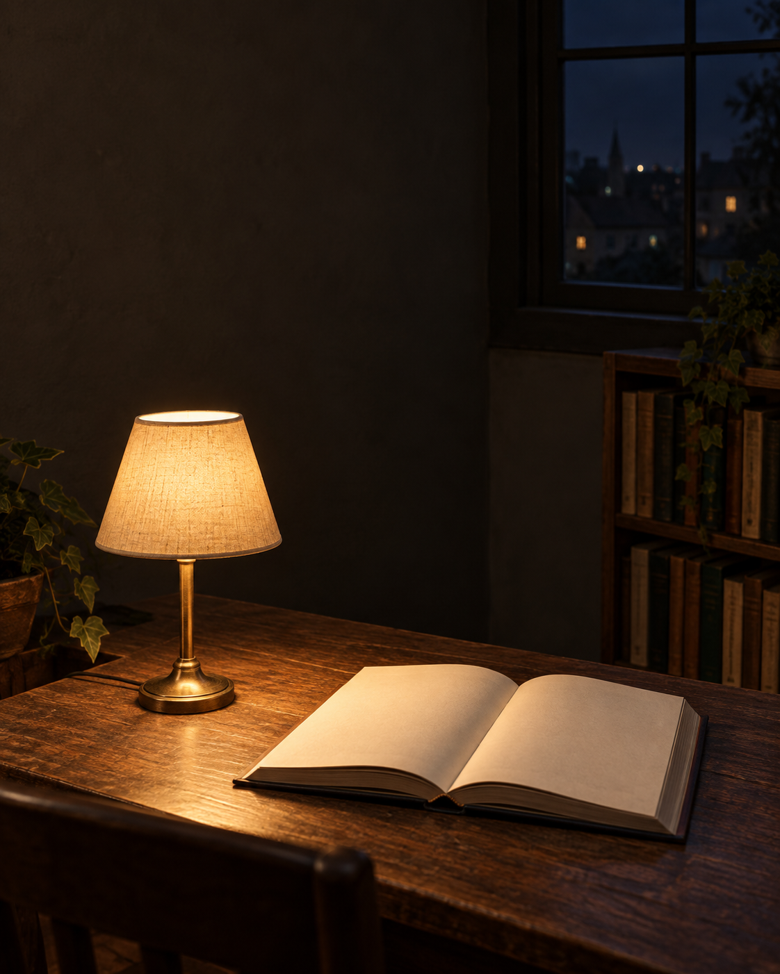 A nighttime desk with an open book and a lamp on its left. The upper-left wall is relatively empty, but a shelf on the right contains extra books, and plants appear on both sides.
