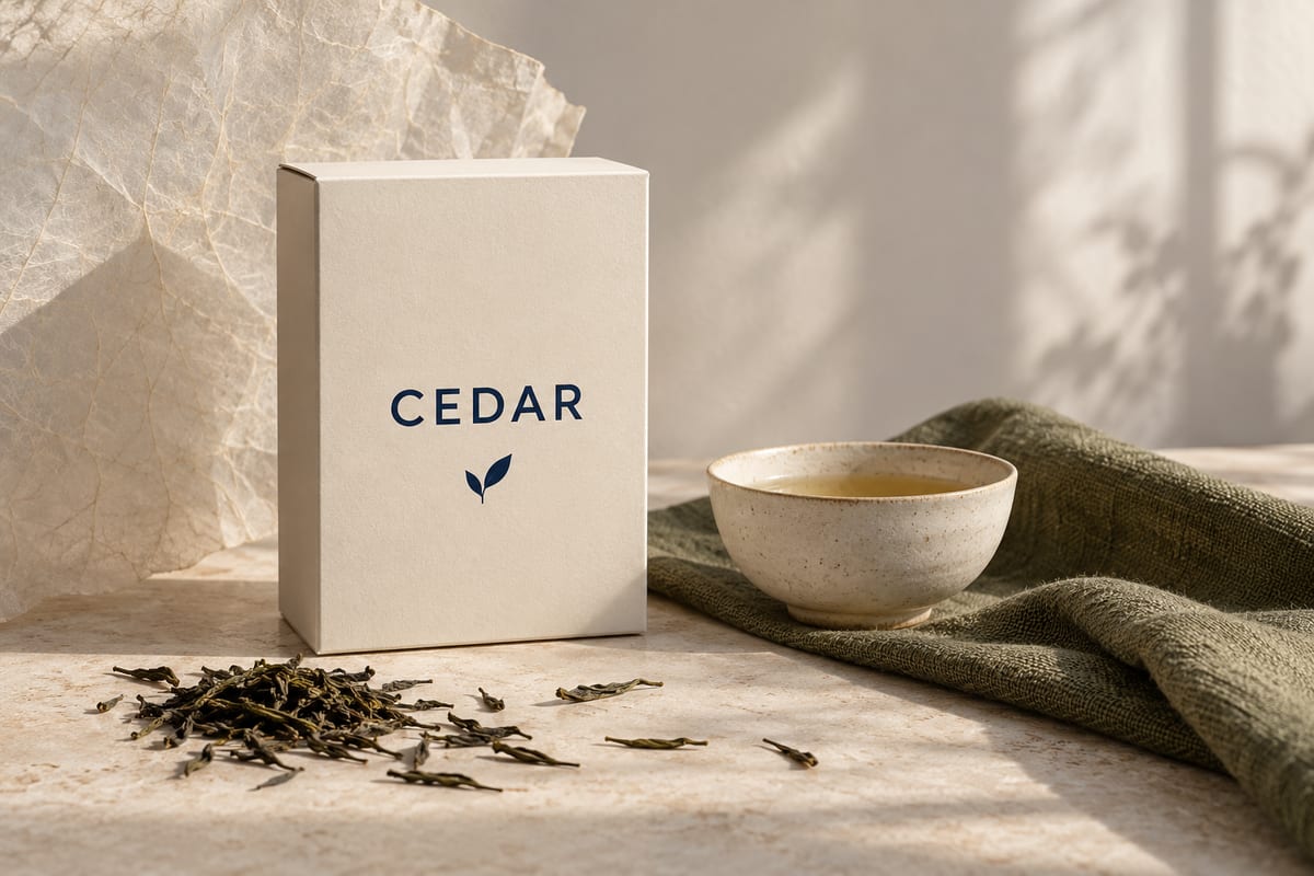 A cream tea carton labeled CEDAR beside a ceramic bowl, dry tea leaves, textured paper and olive linen.