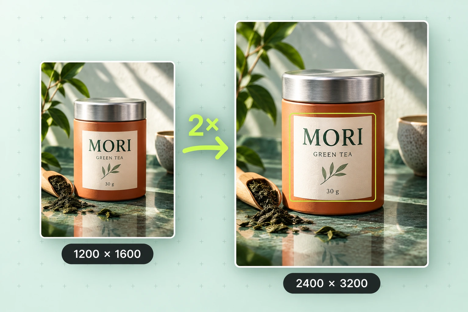 A hero image of a fictional MORI tea tin beside cards specifying hypothetical delivery targets of 1200 by 1600 and 2400 by 3200 pixels.