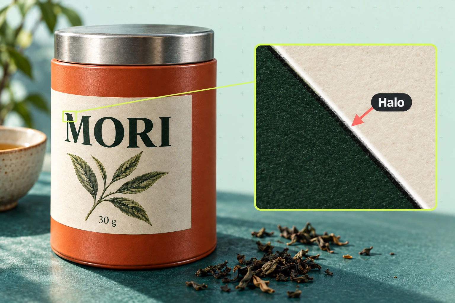 A close-up of a printed letter edge on a fictional MORI tea tin, with bright and dark edge halos identified.
