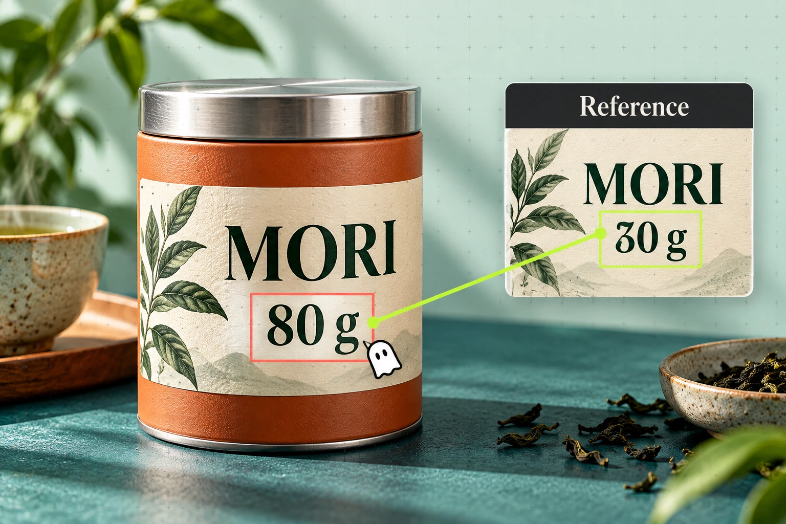 A clear label on a fictional MORI tea tin reads 80 g, while a constructed approved-design reference reads 30 g, highlighting the mismatch in net weight.
