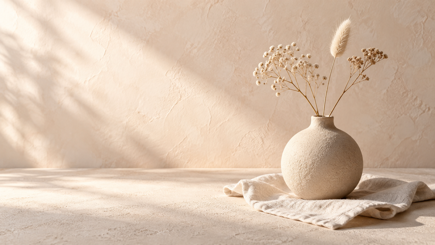 A warm cream and pale-peach still life with a vase, dried flowers, and linen, lit softly from the left.