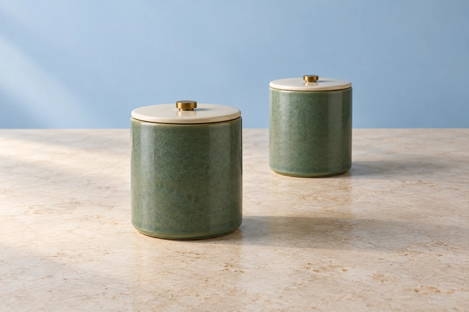 Two green ceramic canisters with cream lids stand at different depths on a stone table. The near canister appears larger.