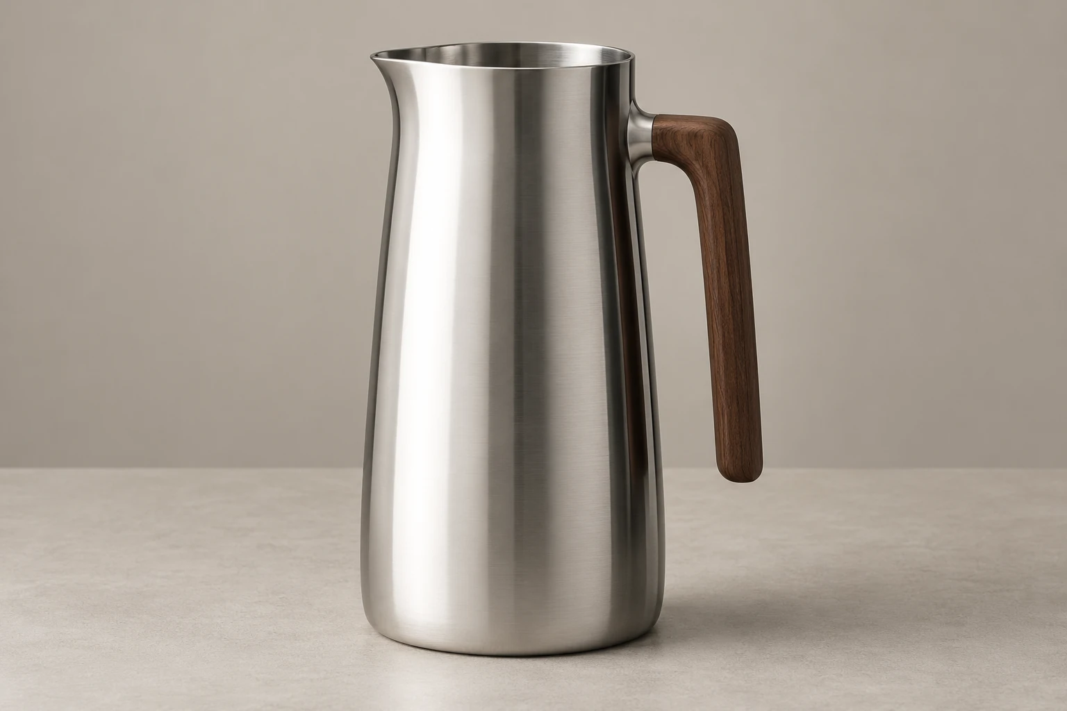 A steel carafe with a wooden handle has a broad light reflection on the left, gray transitions through its body, and a narrower dark reflection near its right edge.