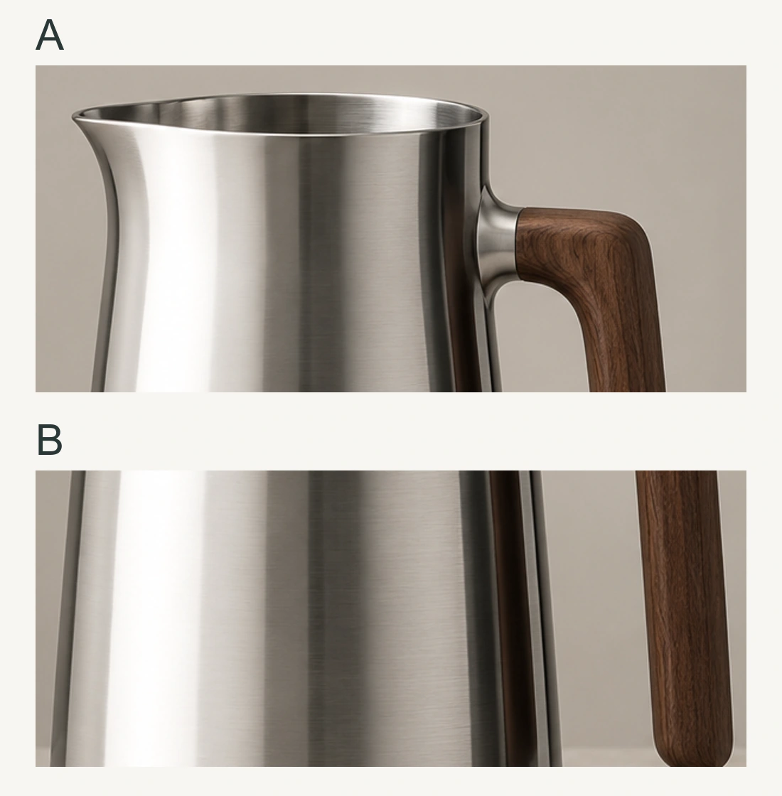 Two enlarged crops from the carafe illustration. A shows the rim and handle connection; B shows the broad body reflection and fine horizontal brushing.