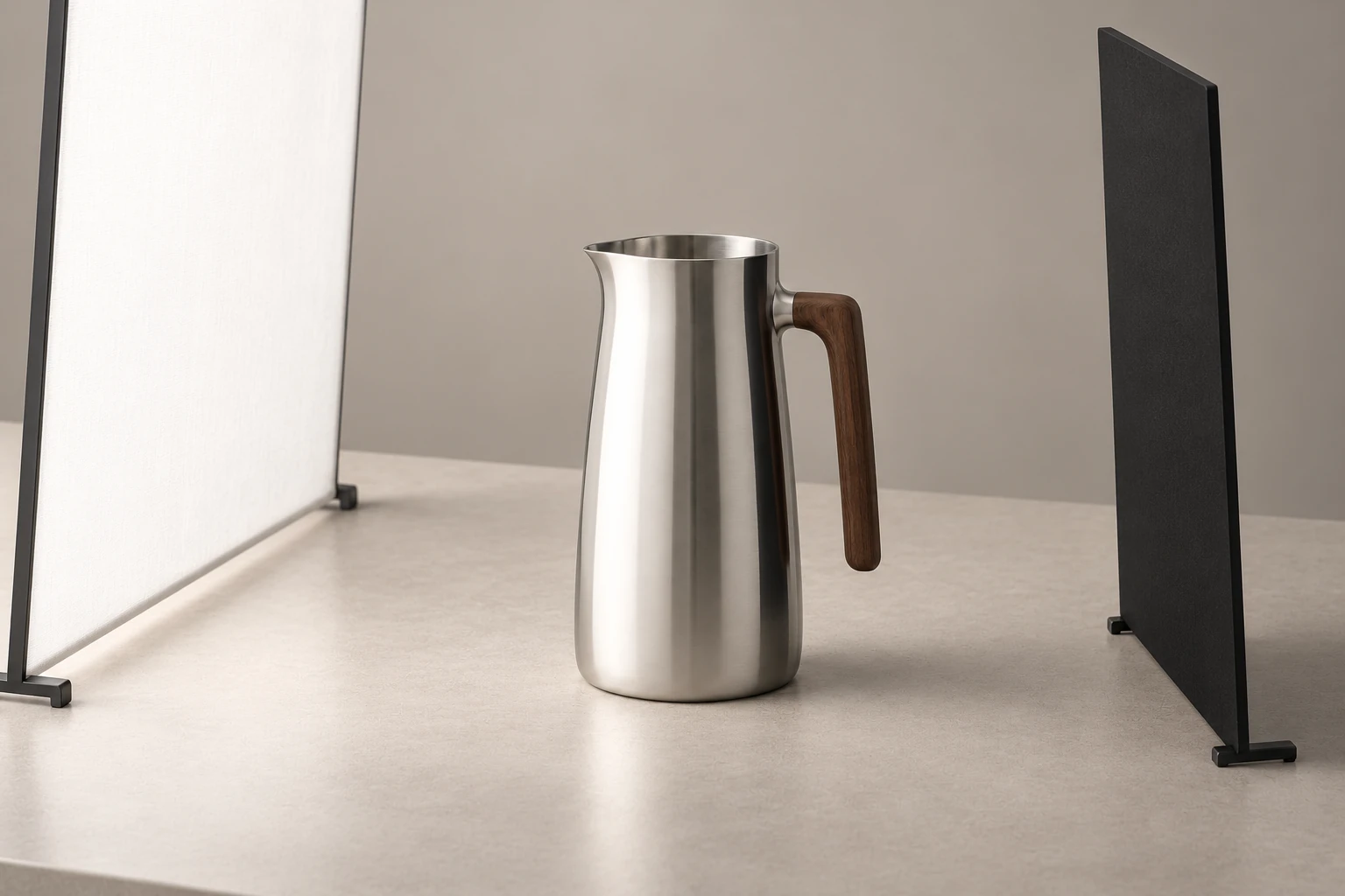 An illustrative studio arrangement places the steel carafe between a large white panel on the left and a narrow black card on the right.