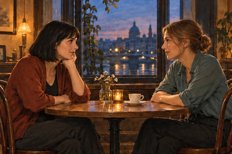 In a painted café scene, a woman in a rust cardigan sits on the left facing right, and a woman in teal sits on the right facing left.