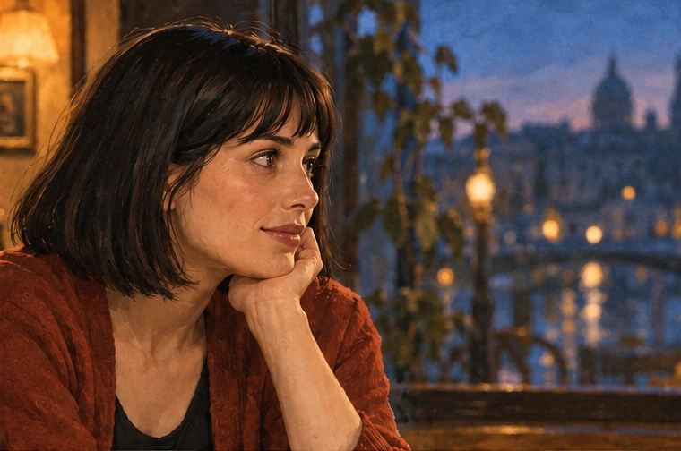 A in a rust cardigan looks toward the right edge of the frame.