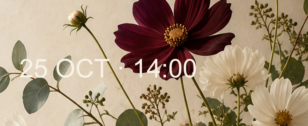 Pale event text crosses dark flowers, light petals and stems, causing different parts of the lettering to lose separation.