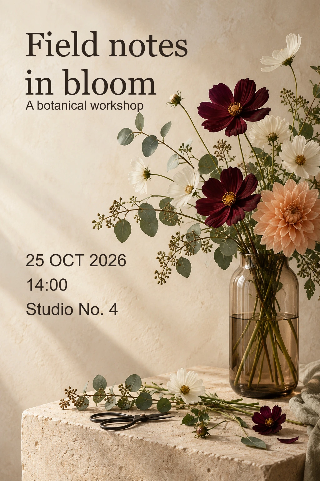 A botanical workshop poster with a large two-line title on the quiet left side and a glass vase of flowers on the right. The time and place sit below the title.