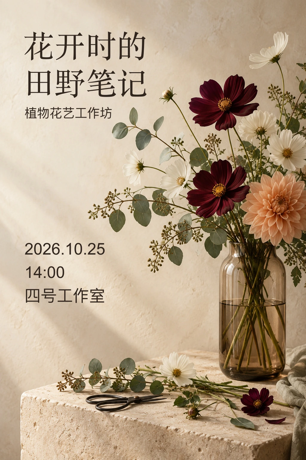 The Chinese version of the same botanical poster, with a two-line Chinese title and independently arranged description, date and venue.