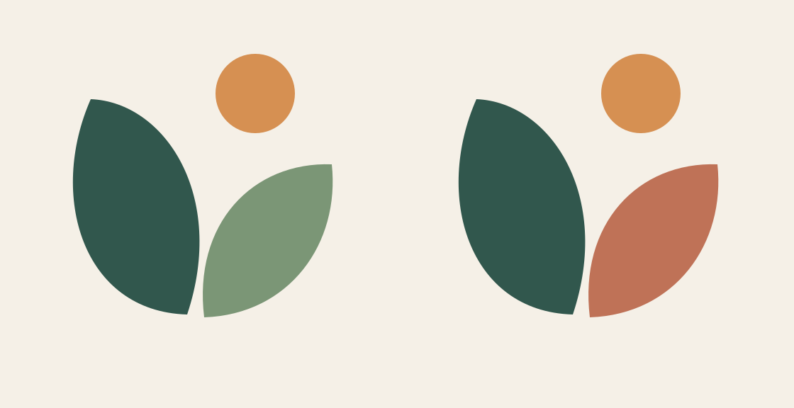Two path-based emblems with identical geometry: the right leaf changes from sage green to terracotta while the other leaf and the sun stay unchanged.