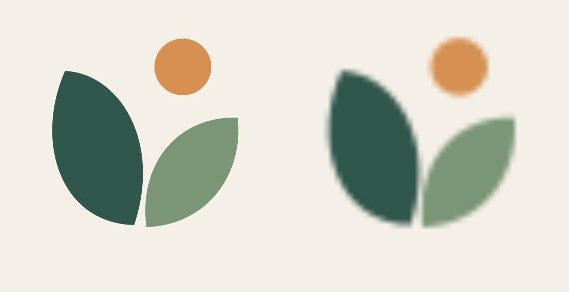The same leaf-and-sun emblem shown twice: crisp contours on the left and a visibly soft pixel-based version on the right.