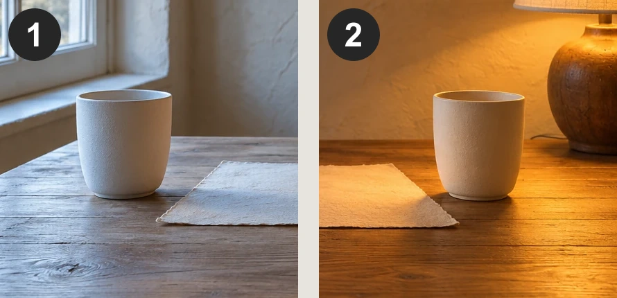 同一张生成场景的两处等尺寸裁切：一号区域靠窗，杯子偏冷；二号区域靠台灯，杯子偏暖。